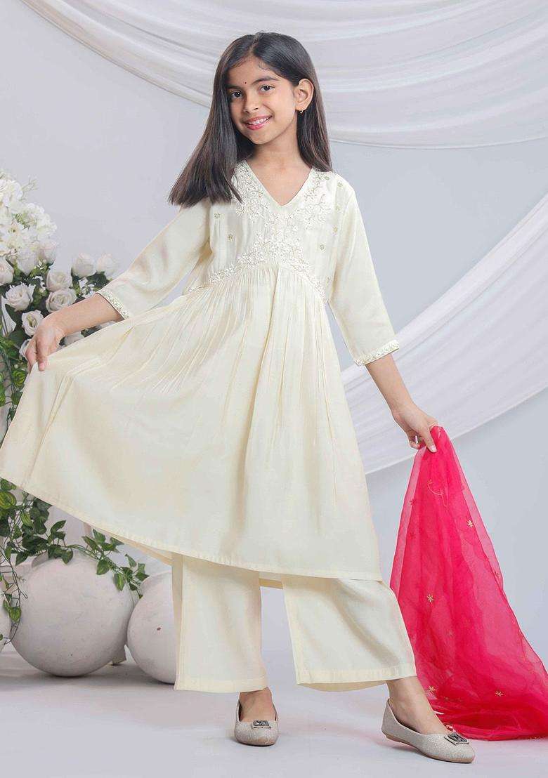 White Embroidered Silk Kurta Set For Girls - Indya