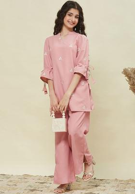 Pink Embroidered Silk Kurta Set For Girls