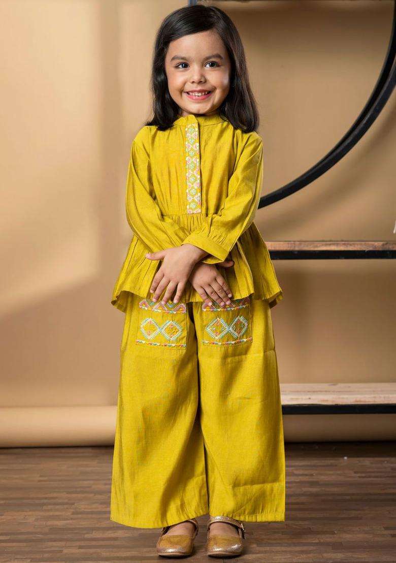 Gold Embroidered Silk Kurta Set For Girls - Indya