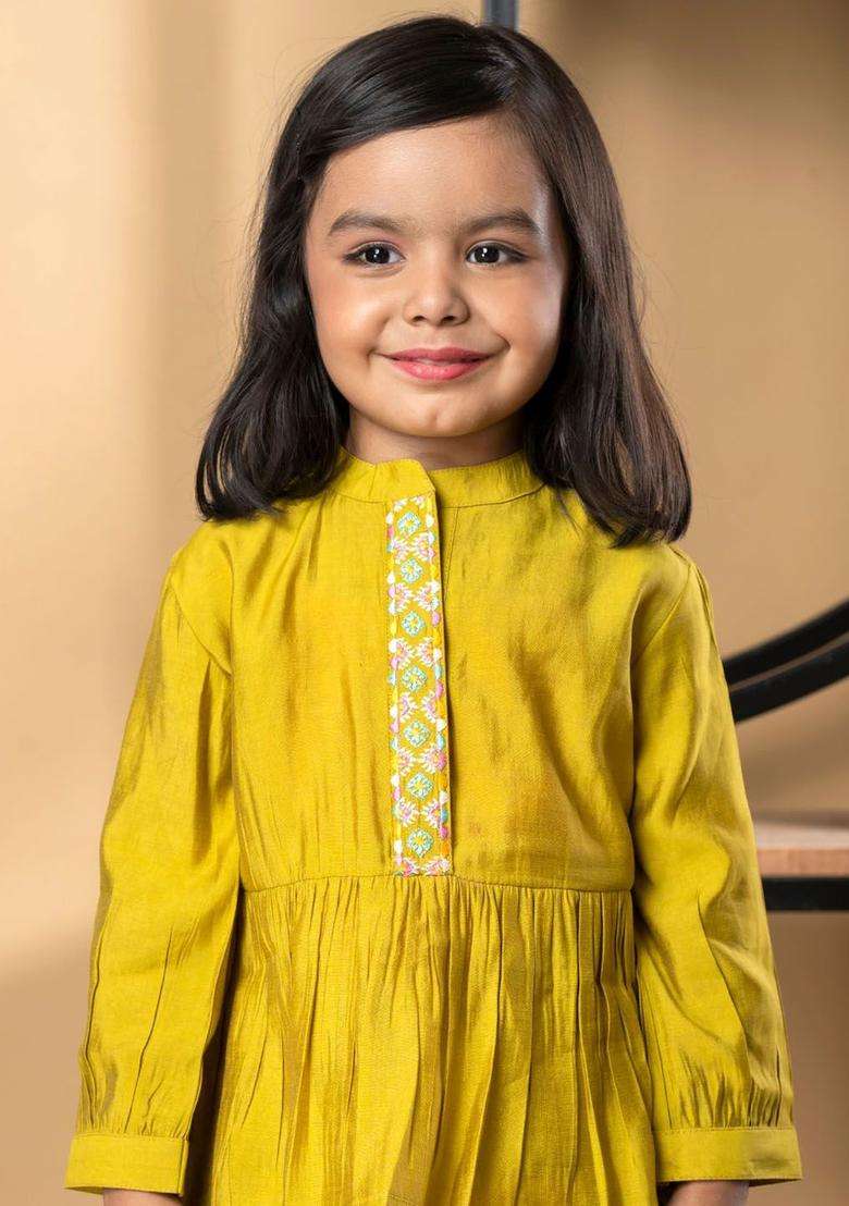 Gold Embroidered Silk Kurta Set For Girls - Indya