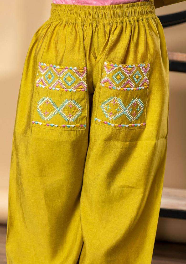 Gold Embroidered Silk Kurta Set For Girls - Indya