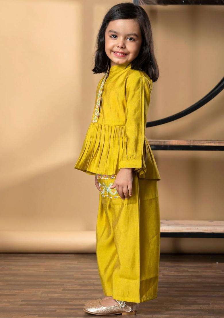 Gold Embroidered Silk Kurta Set For Girls - Indya