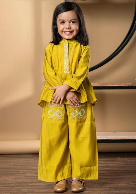 Gold Embroidered Silk Kurta Set For Girls — view on Indya