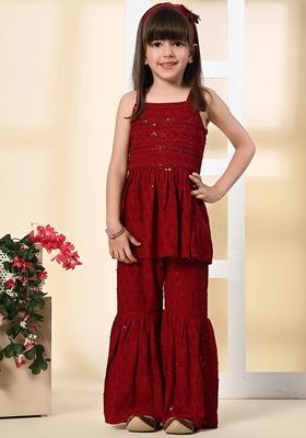 Maroon Embroidered Viscose Kurta Set For Girls