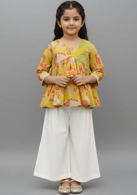 Mustard Printed Polyester Kurta Set For Girls