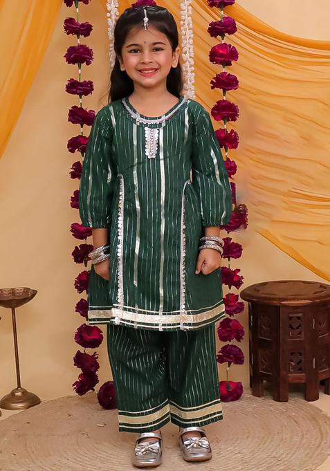 Green Striped Cotton Anarkali Kurta Set For Girls — view on Indya