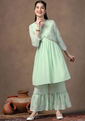 Green Printed Georgette Kurta Set For Girls