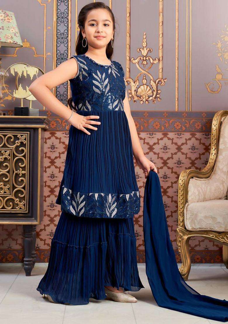 Teal Yoke Design Georgette Kurta Set For Girls - Indya