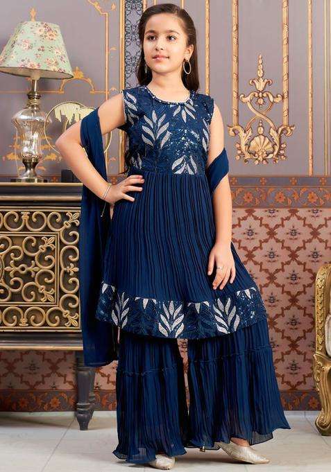 Teal Yoke Design Georgette Kurta Set For Girls