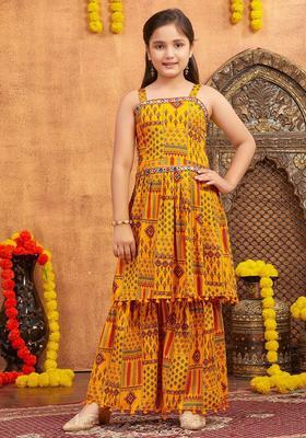 Yellow Printed Polyester Kurta Set For Girls