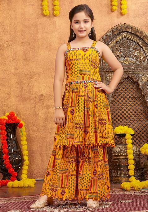 Yellow Printed Polyester Kurta Set For Girls — view on Indya