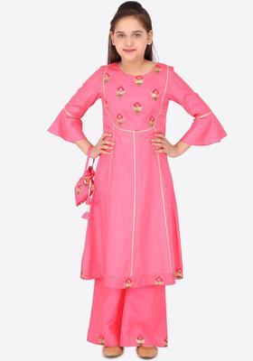 Pink Embroidered Silk Kurta Set For Girls