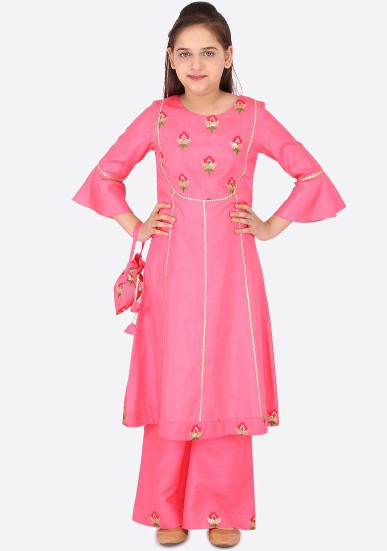 Pink Embroidered Silk Kurta Set For Girls - Indya