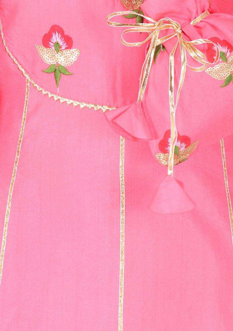 Pink Embroidered Silk Kurta Set For Girls - Indya