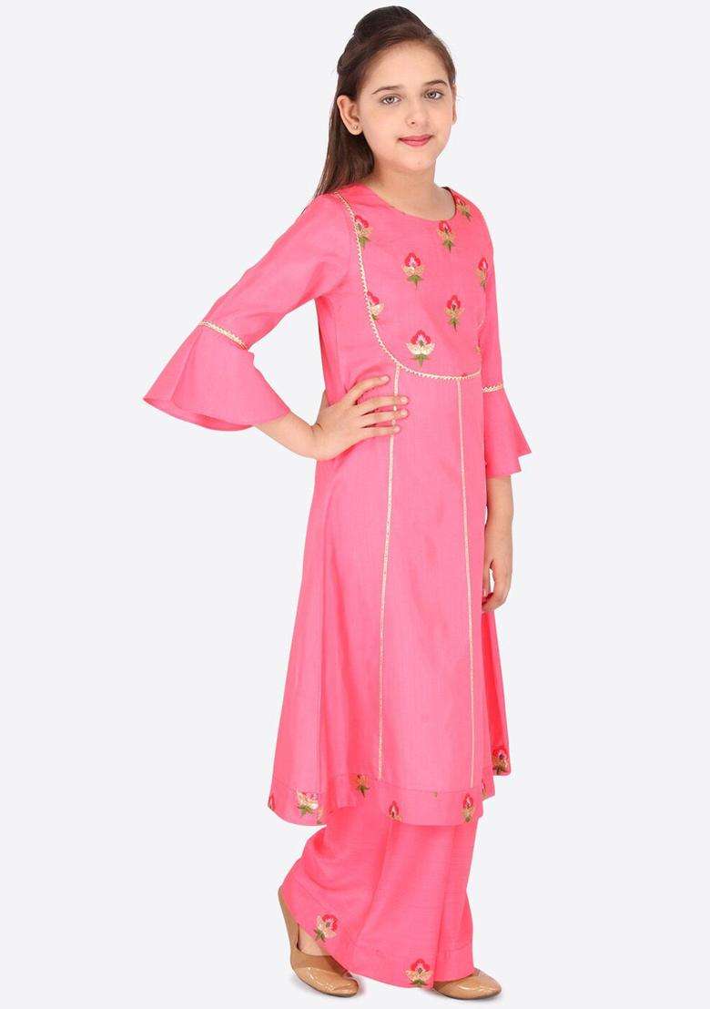 Pink Embroidered Silk Kurta Set For Girls - Indya