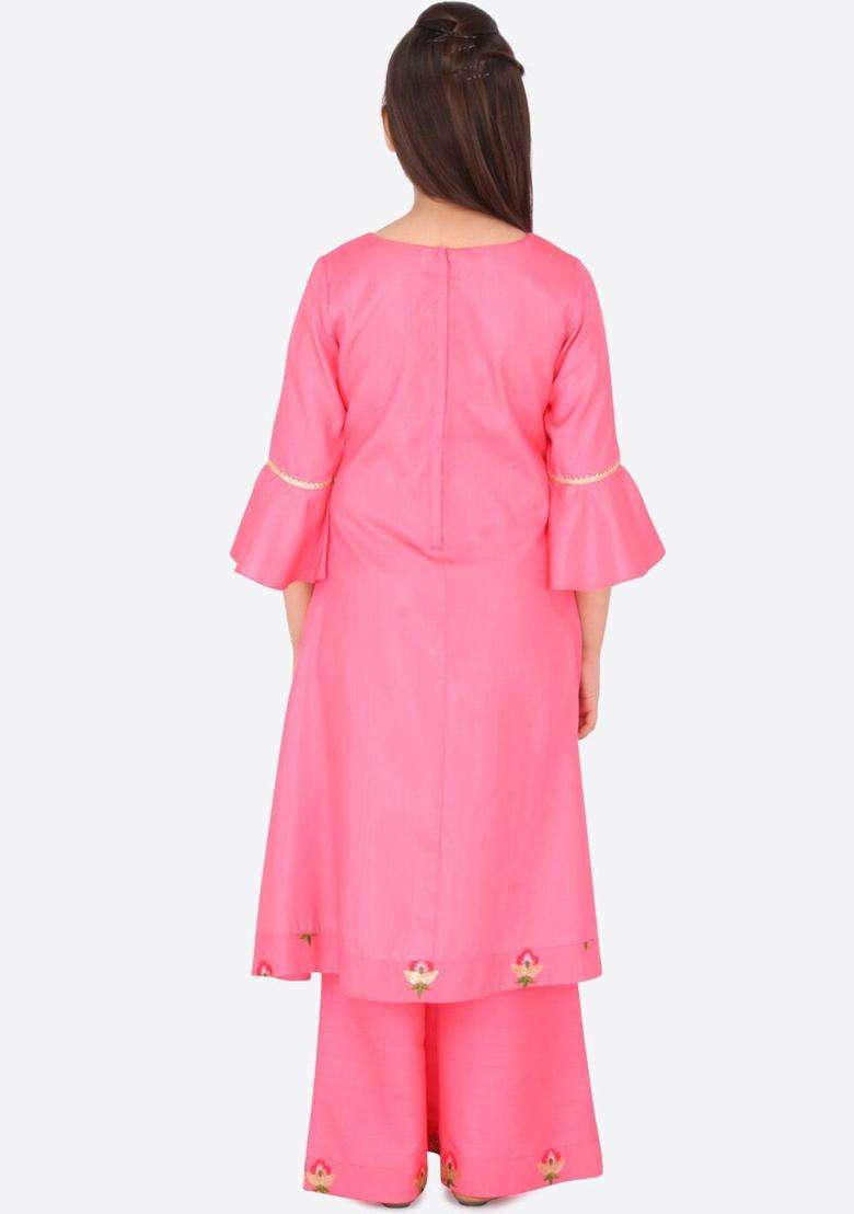 Pink Embroidered Silk Kurta Set For Girls - Indya