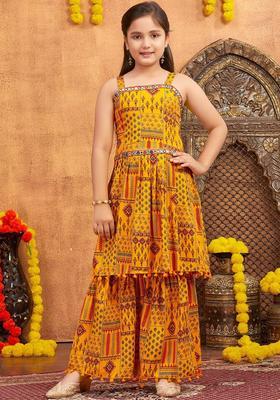 Yellow Printed Polyester Kurta Set For Girls