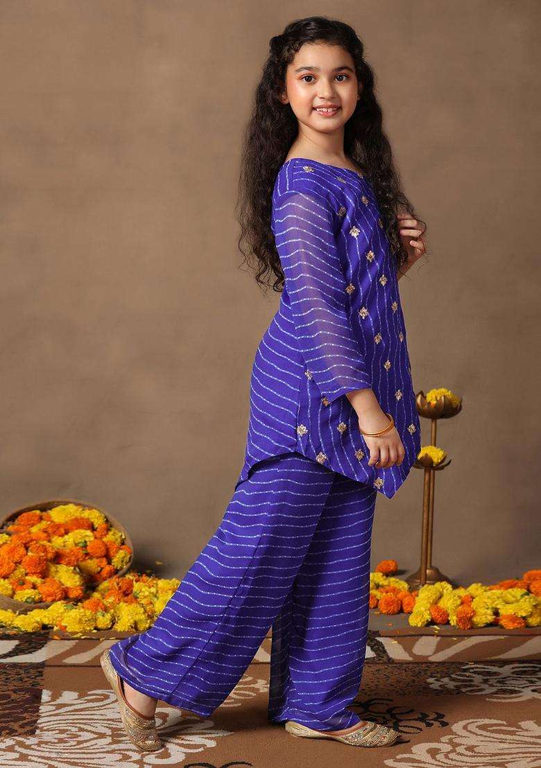 Blue Printed Georgette Kurta Set For Girls - Indya