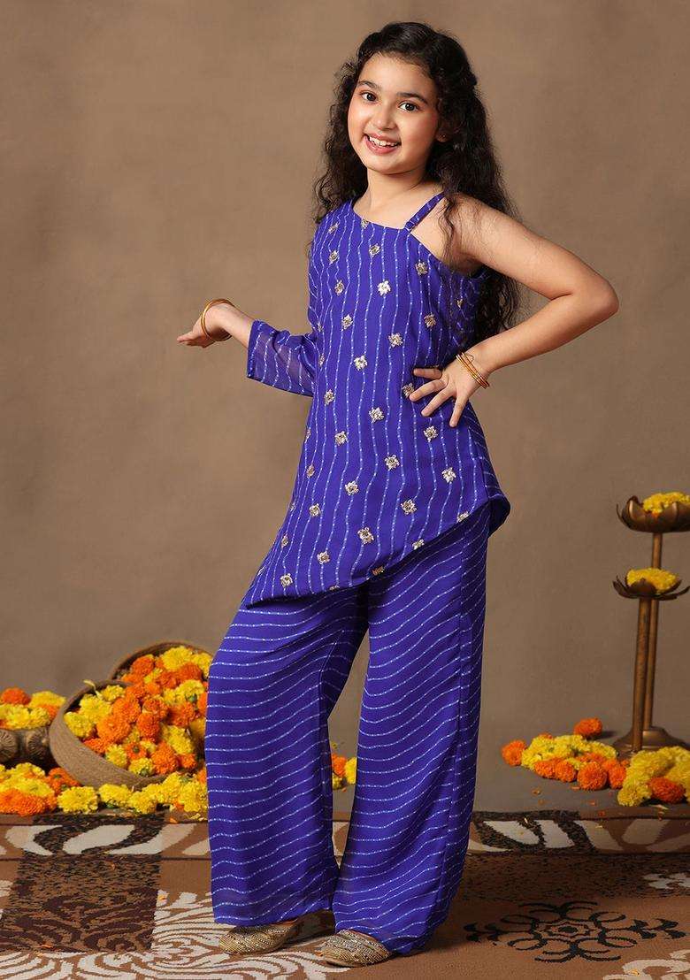 Blue Printed Georgette Kurta Set For Girls - Indya