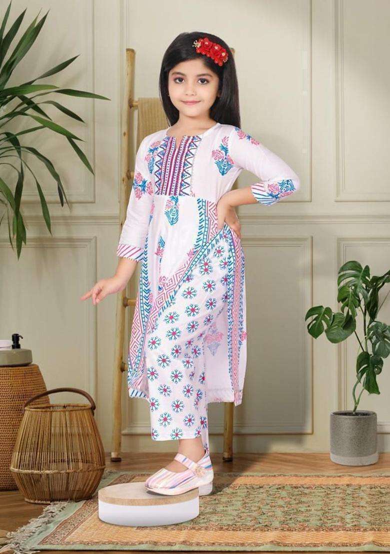 White Printed Viscose Kurta Set For Girls - Indya