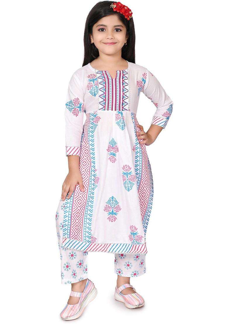 White Printed Viscose Kurta Set For Girls - Indya