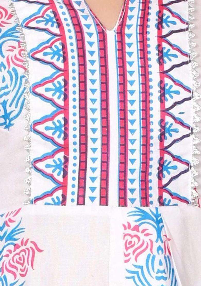 White Printed Viscose Kurta Set For Girls - Indya