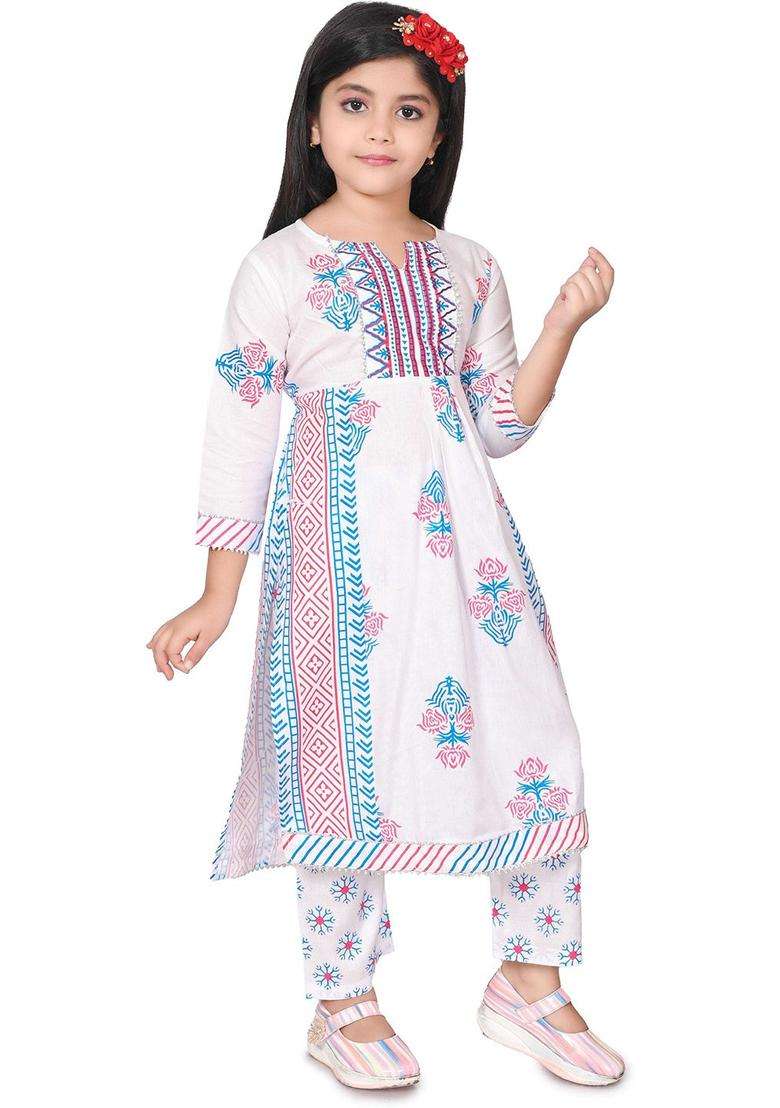 White Printed Viscose Kurta Set For Girls - Indya