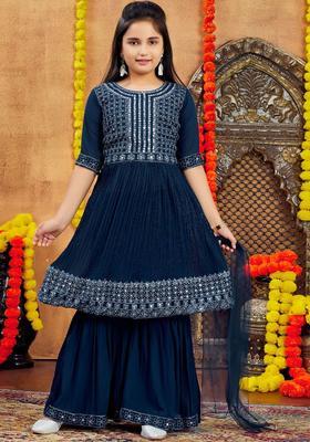 Turquoise Blue Embroidered Georgette Anarkali Kurta Set For Girls