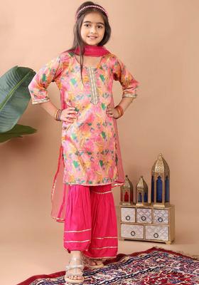 Pink Printed Chinon Kurta Set For Girls