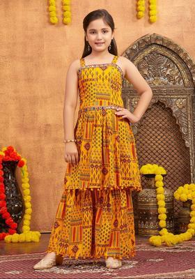 Yellow Printed Polyester Kurta Set For Girls
