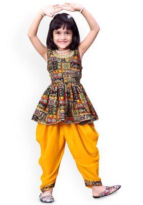 Mustard Printed Cotton Kurta Set For Girls