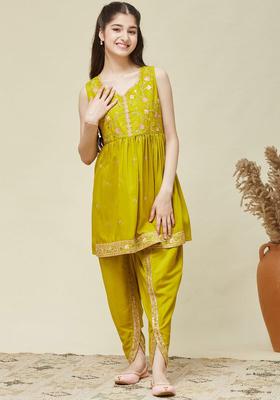 Green Embroidered Silk Kurta Set For Girls