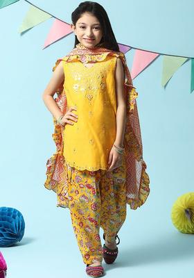Mustard Embroidered Chanderi Kurta Set For Girls