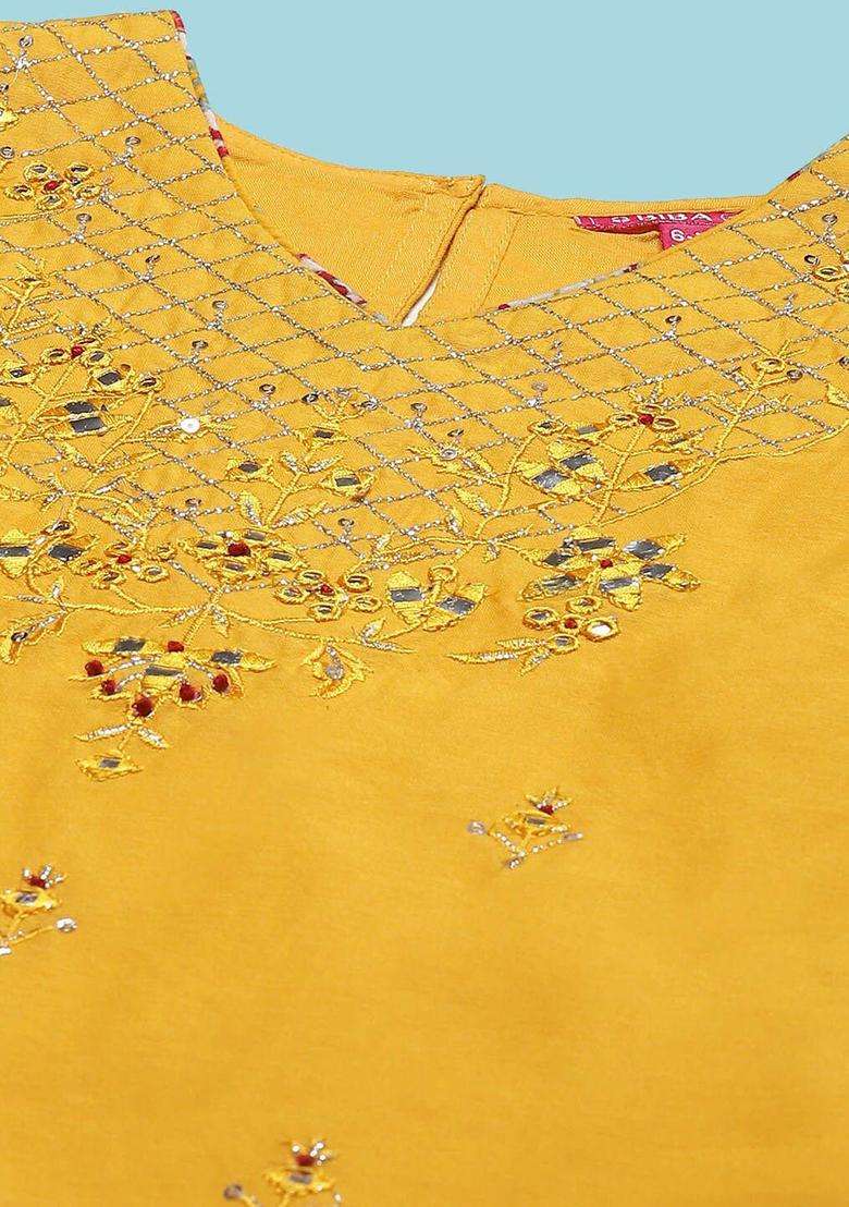 Mustard Embroidered Chanderi Kurta Set For Girls - Indya