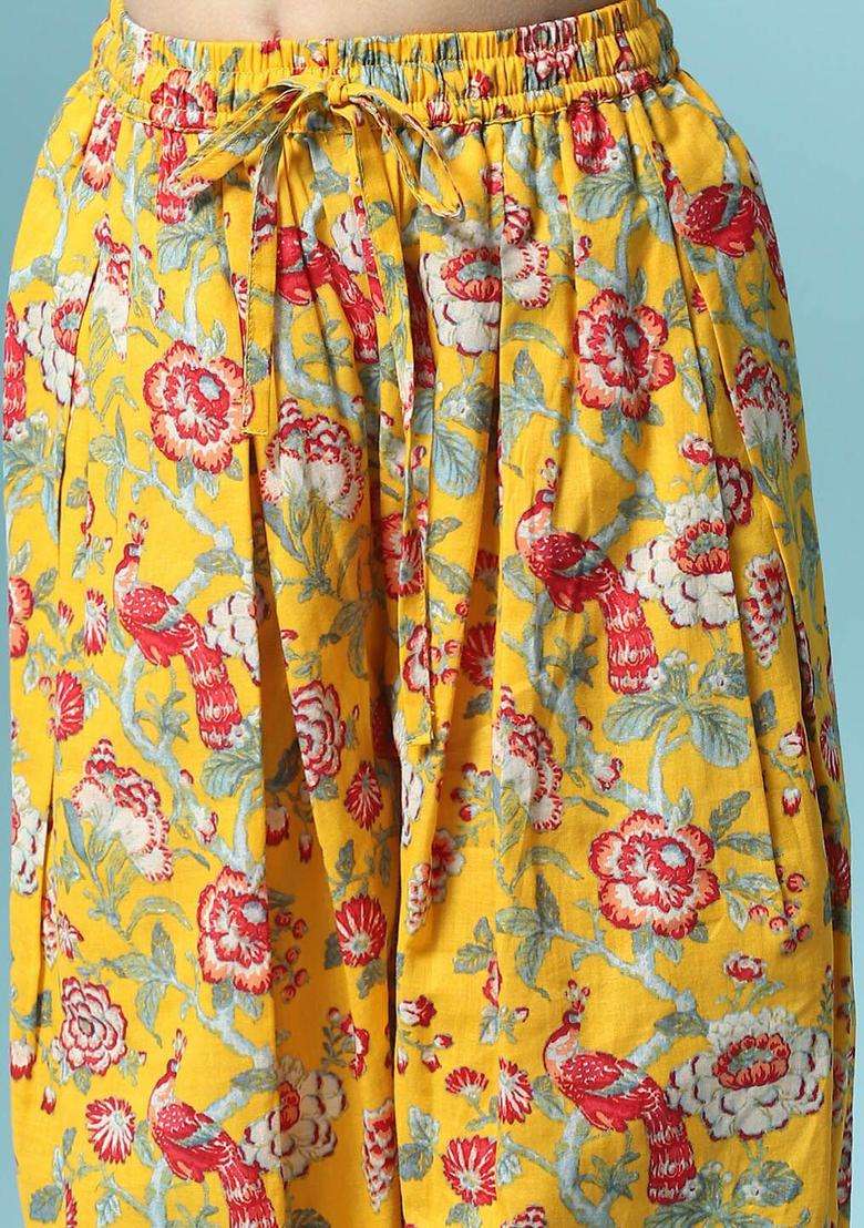 Mustard Embroidered Chanderi Kurta Set For Girls - Indya