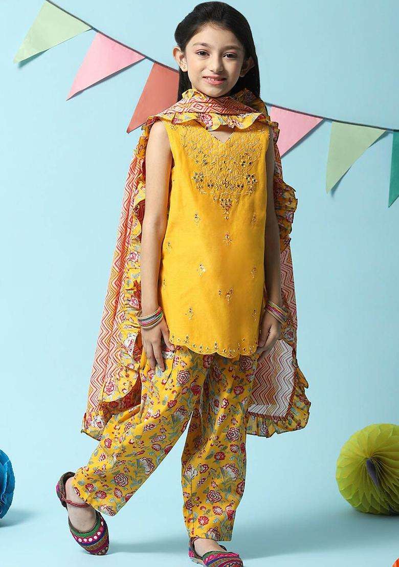 Mustard Embroidered Chanderi Kurta Set For Girls - Indya