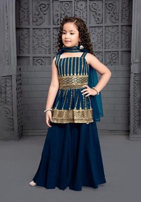 Blue Embroidered Georgette Kurta Set For Girls