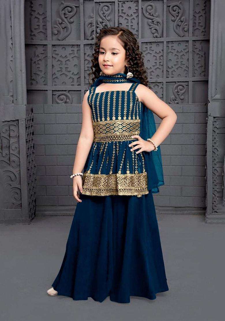 Blue Embroidered Georgette Kurta Set For Girls - Indya
