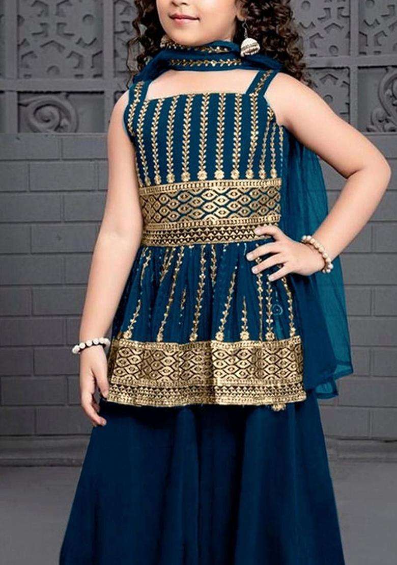 Blue Embroidered Georgette Kurta Set For Girls - Indya