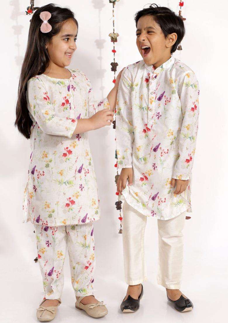 Cream Embroidered Linen Kurta Set For Girls - Indya