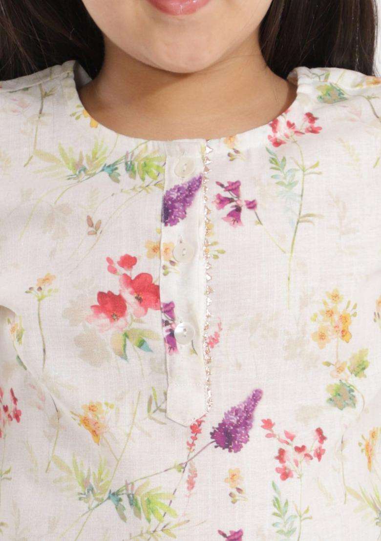 Cream Embroidered Linen Kurta Set For Girls - Indya