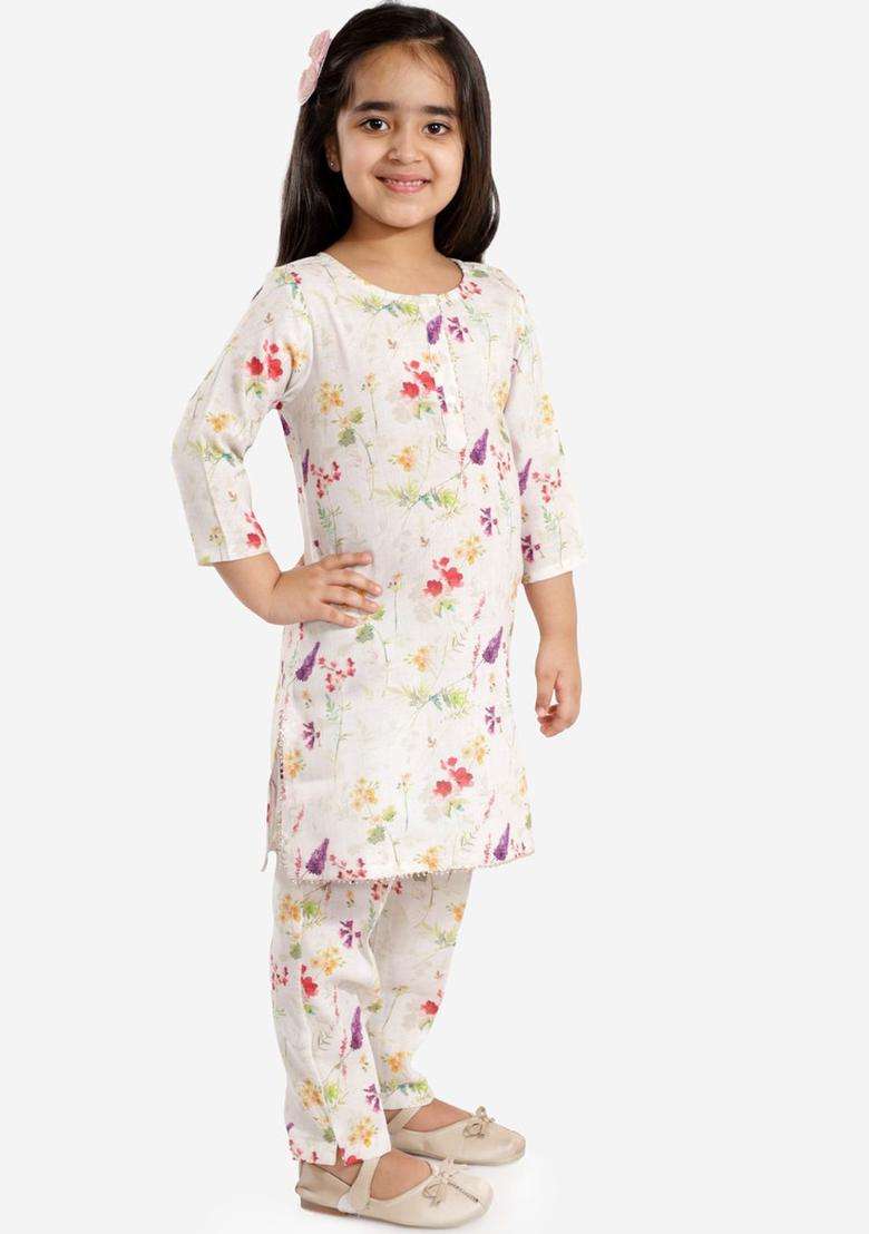 Cream Embroidered Linen Kurta Set For Girls - Indya