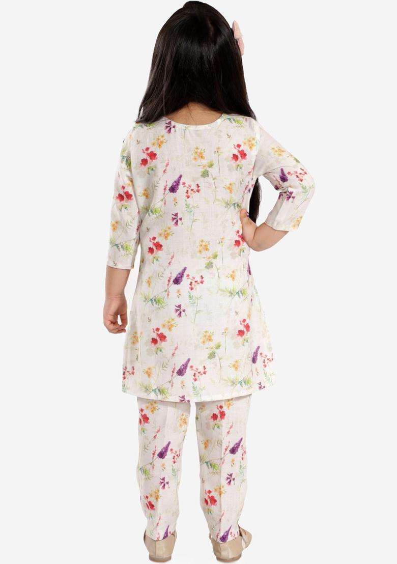 Cream Embroidered Linen Kurta Set For Girls - Indya