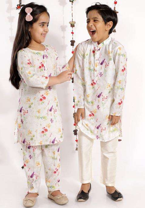 Cream Embroidered Linen Kurta Set For Girls