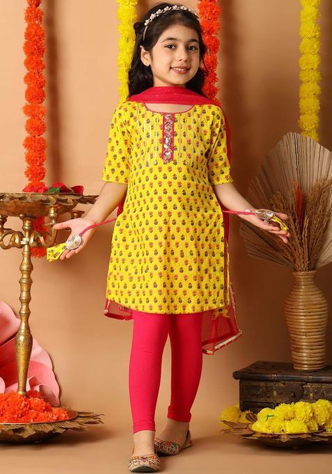Yellow Cotton Kurta Set For Girls — view on Indya