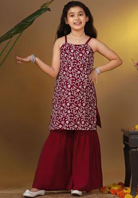 Maroon Embroidered Silk Kurta Set For Girls