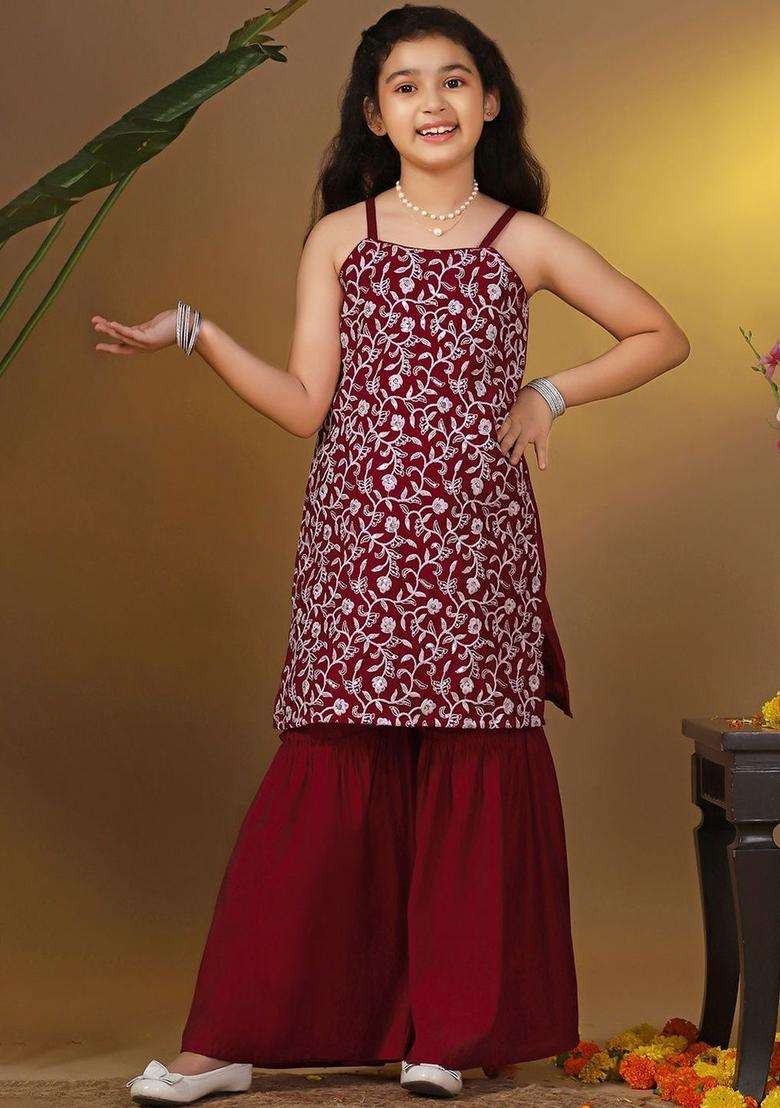 Maroon Embroidered Silk Kurta Set For Girls - Indya