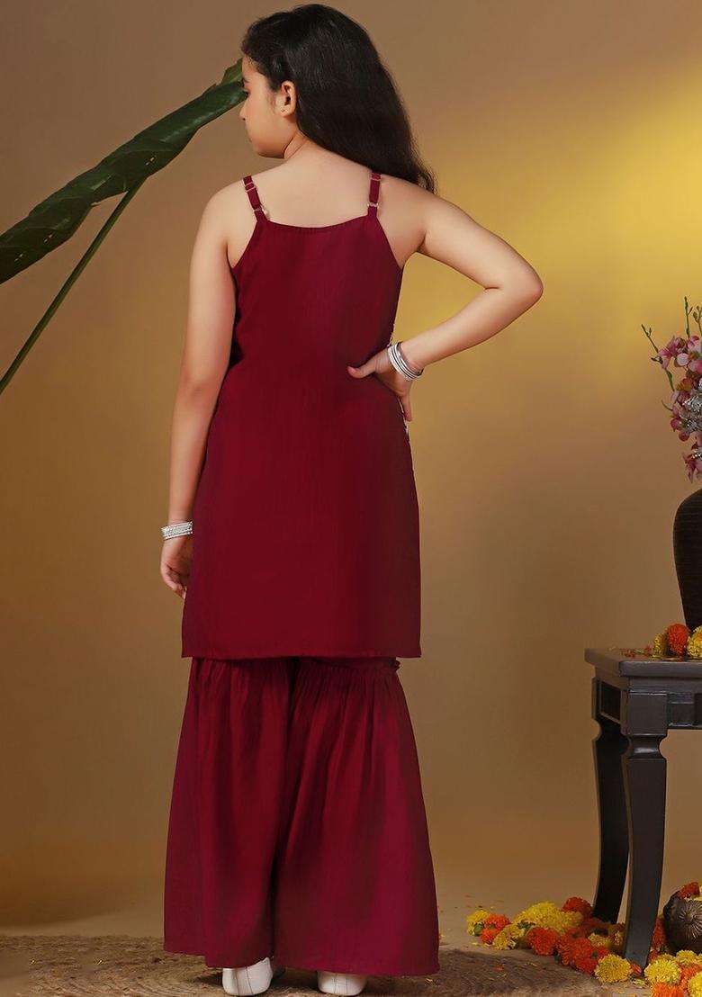 Maroon Embroidered Silk Kurta Set For Girls - Indya