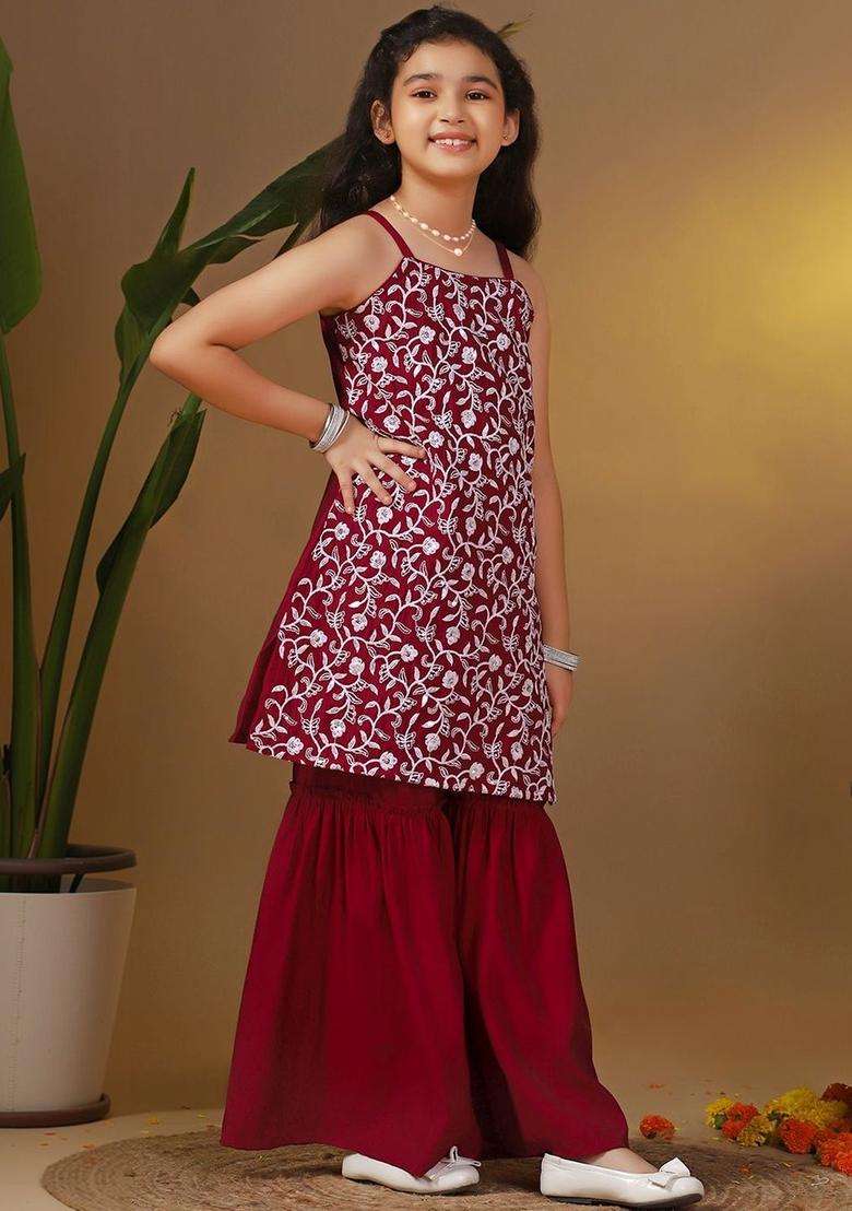 Maroon Embroidered Silk Kurta Set For Girls - Indya