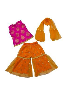 Orange Printed Polyester Kurta Set For Girls